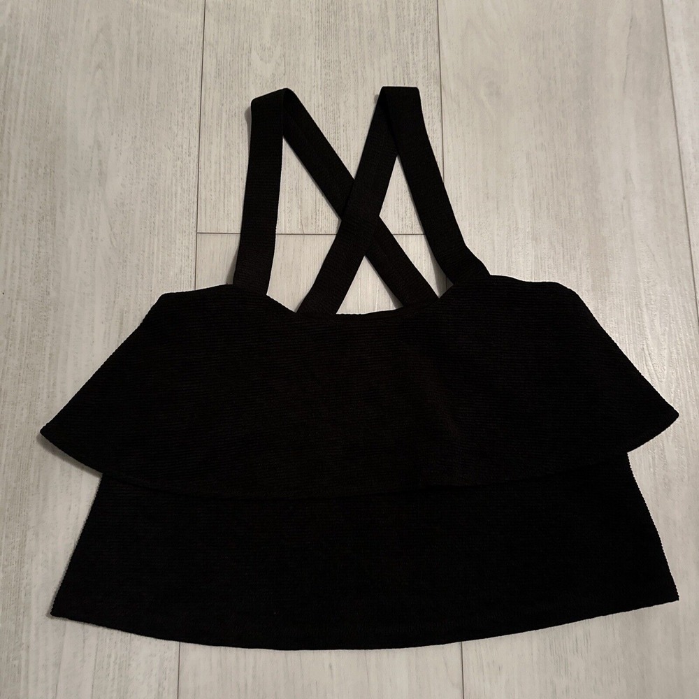 Madewell Tiered Ruffle Tank Top Womens Small Black Textured Ribbed Sz XS